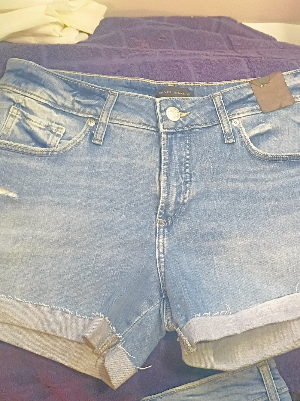 Silver Jeans Boyfriend Cut. Light Blue Denim Cutoff Shorts